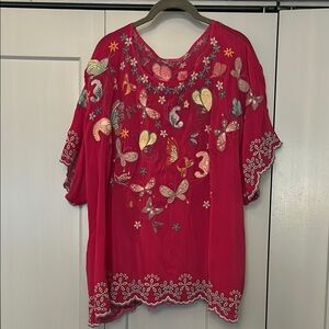 Johnny Was Pink Embellished Ruffled Blouse